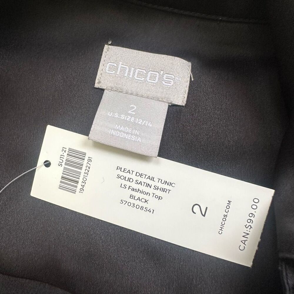Chico’s Pleat Detail Tunic Satin Black Shirt‎ Button Up Size 2 LArge NEW srp 99$ - Picture 7 of 9